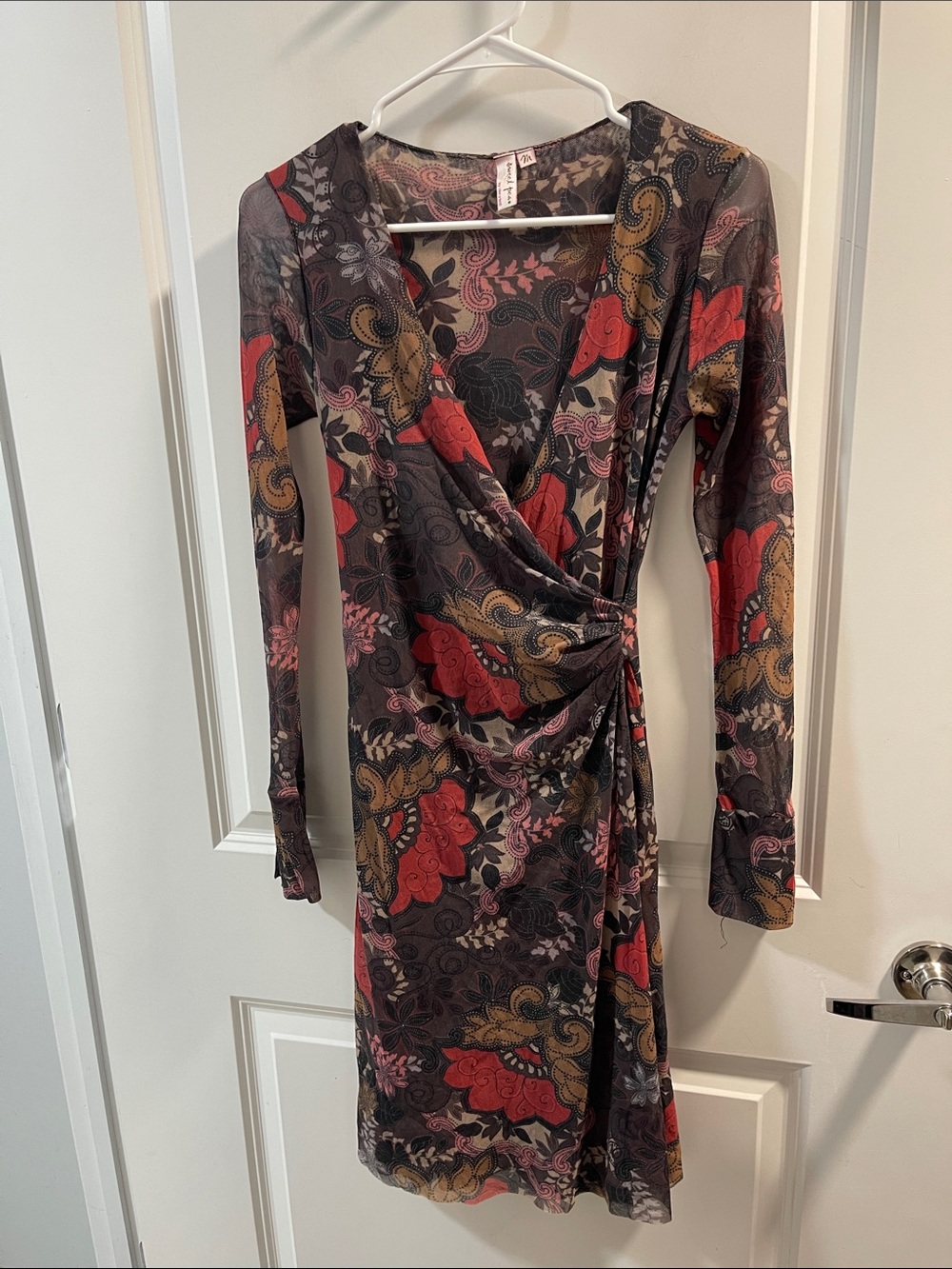 Sweet Pea Long-Sleeve Wrap Dress in Red, Gold & Black Floral